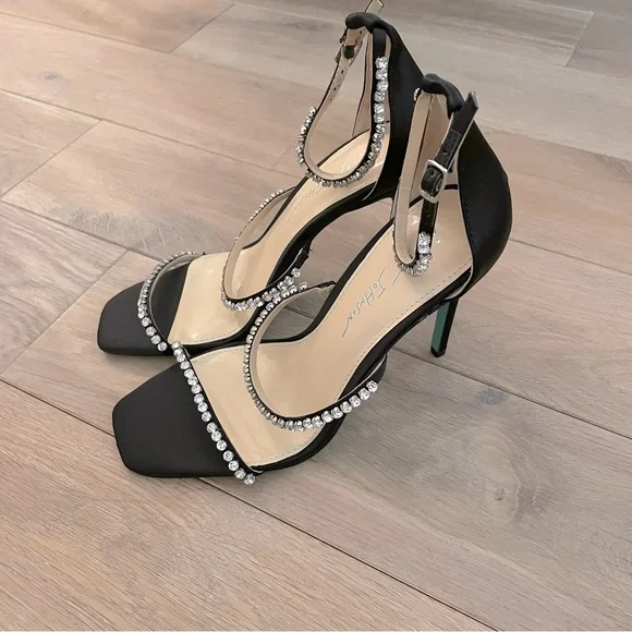 NWOB Blue by Betsey Johnson Elisa Black Satin Rhinestone Strap Heels Size 7 - Picture 2 of 5